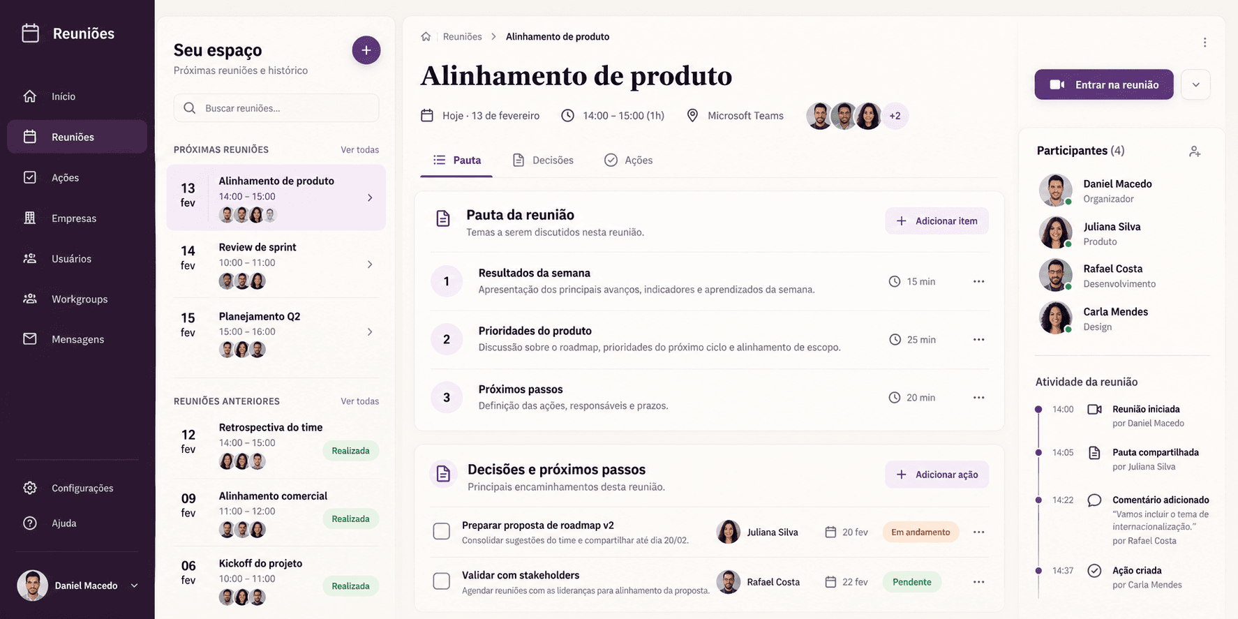 Sistema de reuniões